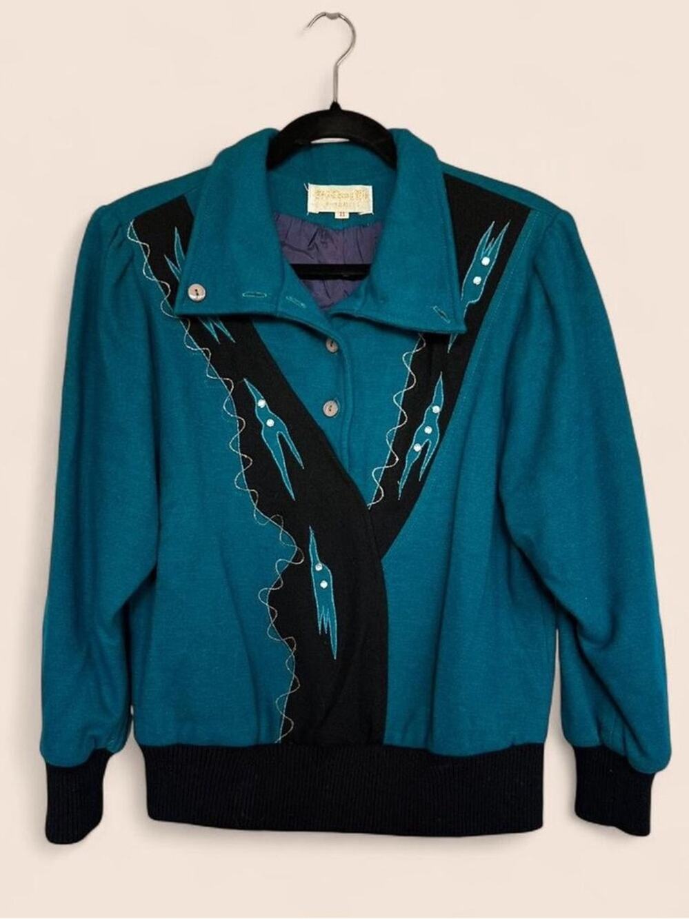 Vintage N7 Chung Yip Turquoise Wool Blend Statement Popover Jacket Womens S M